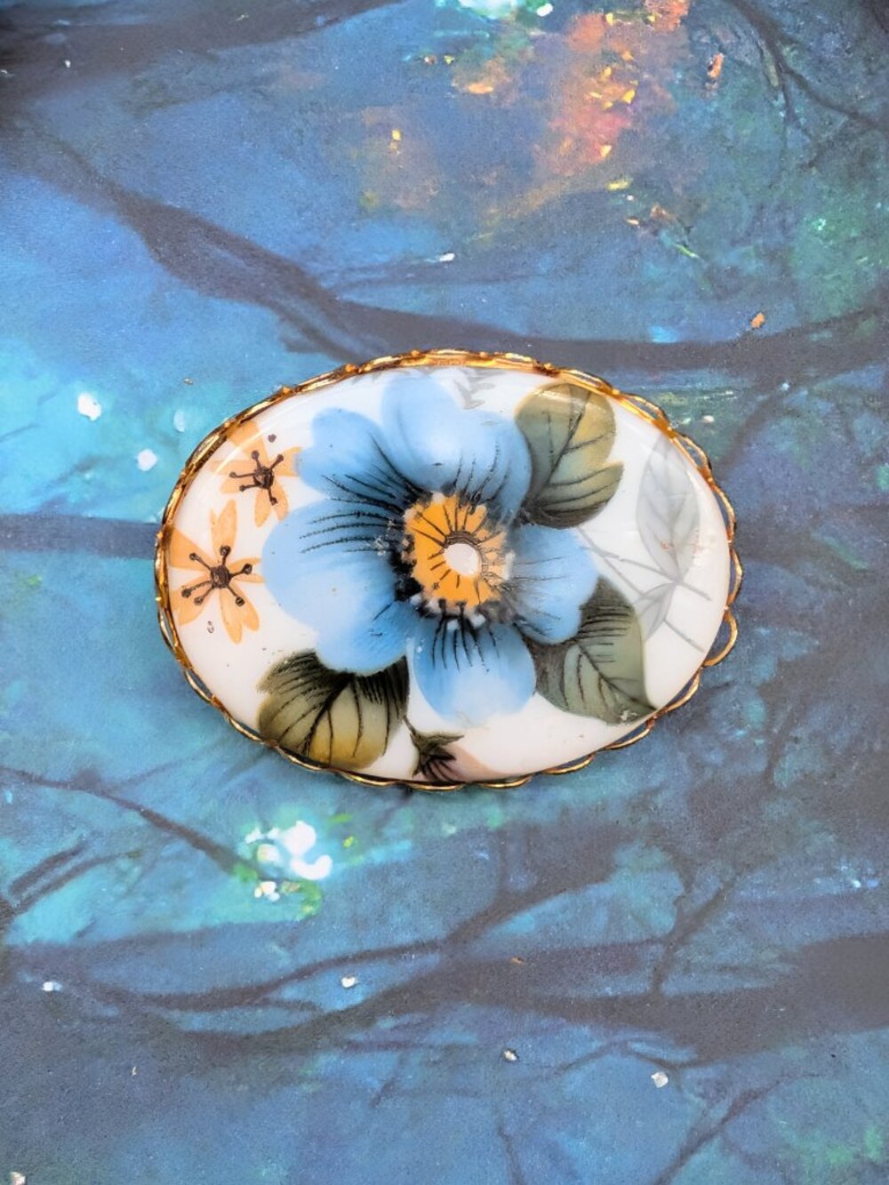 Vintage Blue Flower Painted Brooch in Gold Tone Setting